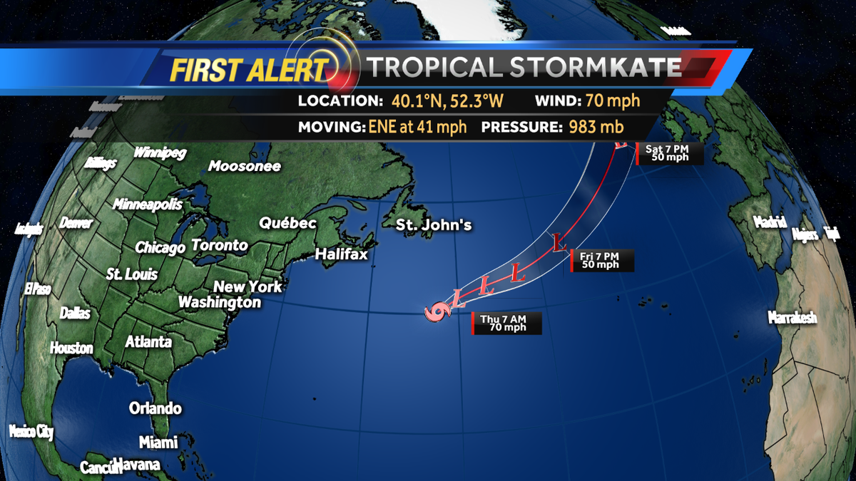 WESH's tweet image. #Kate weakens into a #TropicalStorm and is expected to become Post-Tropical Thursday! #wesh2storms
