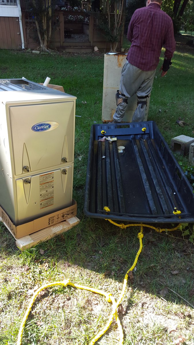 QuickWorksLLC's tweet image. About to load this furnace into the HVAC sled this way we don't have to slide it on pvc pipes. #hvac #hvachacks