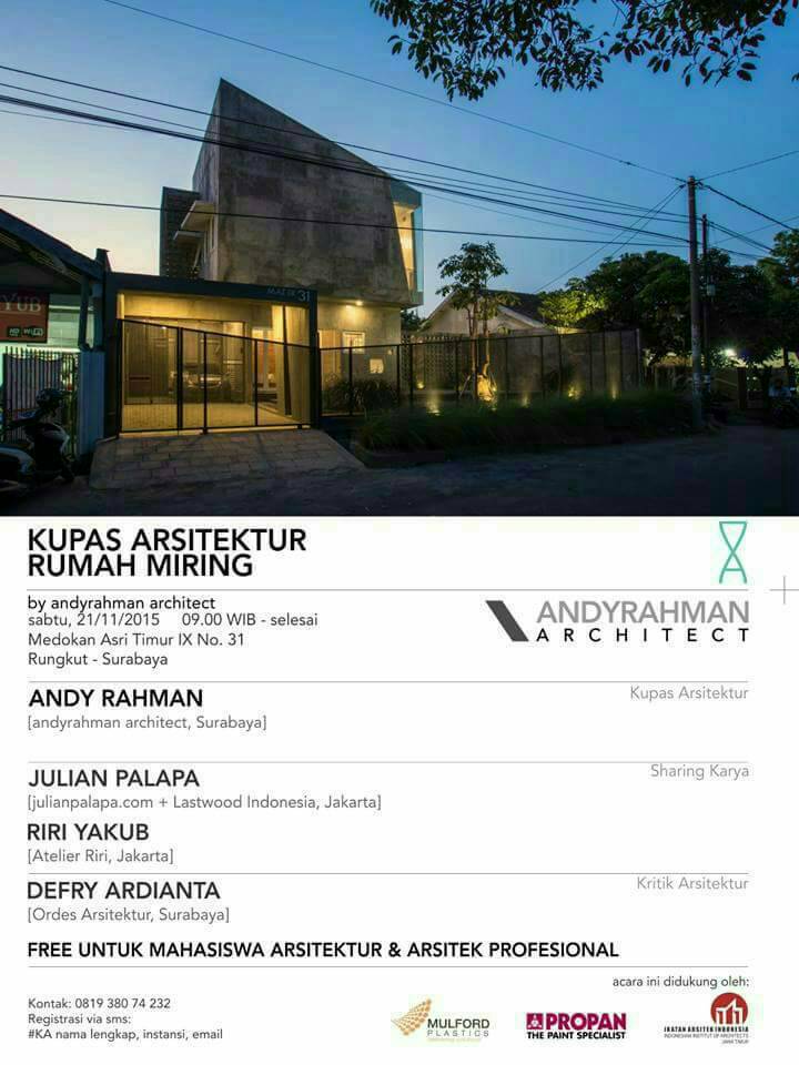 HIMAARTRA's tweet photo. Kupas Arsitektur Rumah Miring by Andy Rahman Architect
Free utk mahasiswa Arsitektur loh! https://t.co/7bF2eWP5Ak