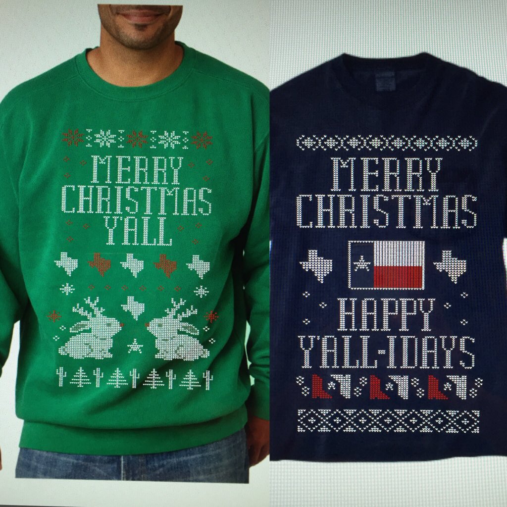 TexasHumor's tweet photo. Tacky Texas Christmas sweaters comin to the store real soon... https://t.co/TyCOP59igT