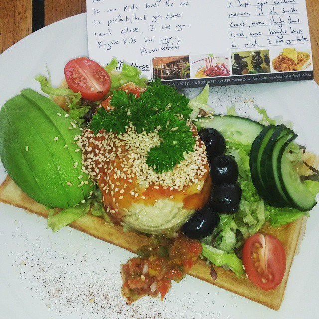 WaffleHouseZA's tweet photo. Nothing like a bit of avo and hummus waffle and some postcard writing ;) @heartmamablog #sharedoninstagram https://t.co/GZDUnc1CeA