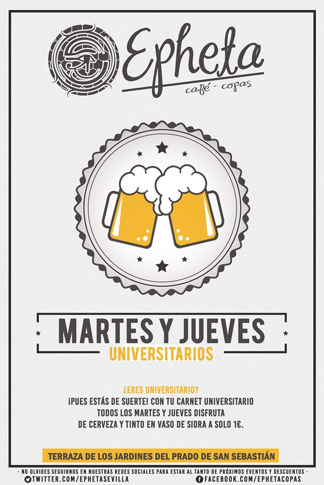JUEVES universitario en Epheta.
Cerveza y tinto en vaso de sidra a 1€
#bdp #bardelprado