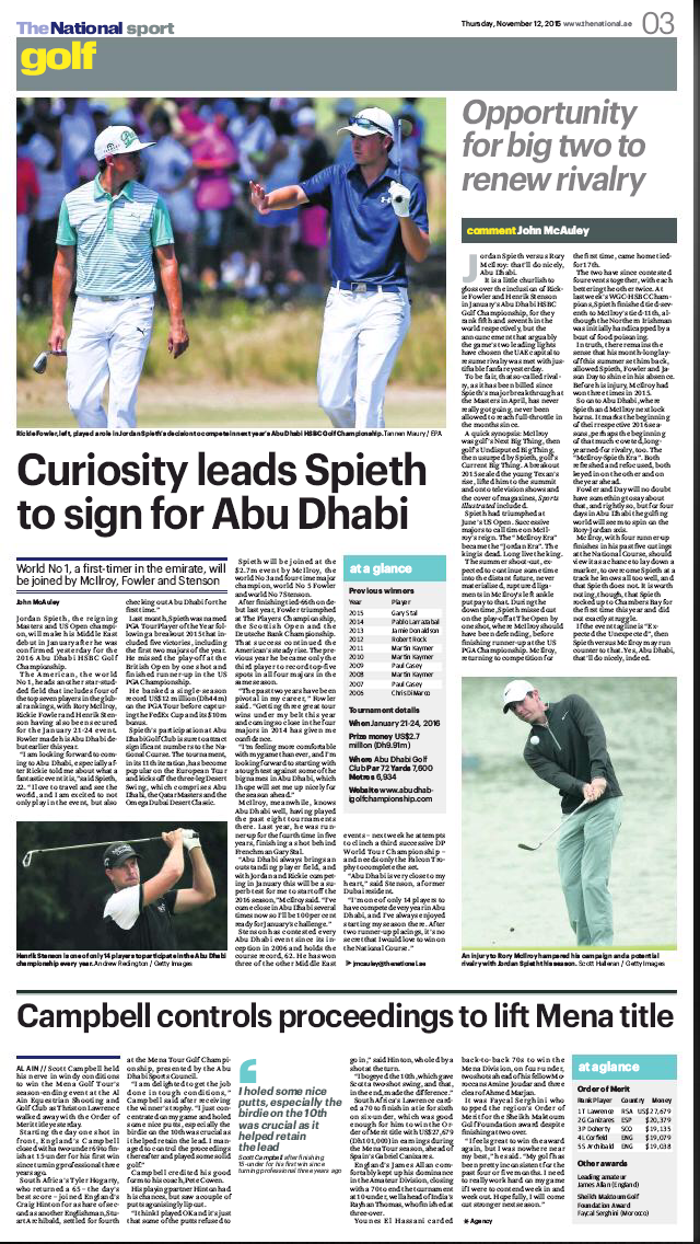 mattjboucher's tweet photo. 'That'll do nicely, Abu Dhabi'. Good stuff from @_JMcAuley re #Spieth #Mcillroy face-off at the '16 @ADGolfChamps. https://t.co/rzI4UspYJB