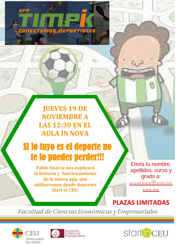 StartinCEU's tweet photo. Si tu pasión es el deporte, no lo dudes y vente el próximo JUEVES 19 de NOV al aula Innova!
INSCRIPCIONES ABIERTAS https://t.co/k0pGykhdRS