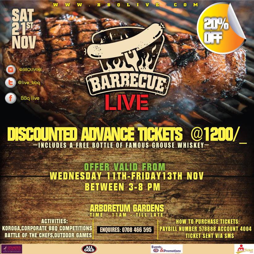 bbqliveke's tweet photo. Buy advance tickets on offer today at a discounted price of 1200/= between 3pm-8pm. #BBQLive @KagweMungai @Barrtonjo https://t.co/0GuzEcaum2