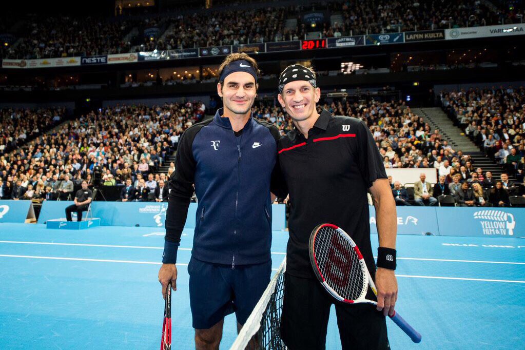 rogerfederer's tweet photo. Honored to have played with #JarkkoNieminen for his last singles match in Finland a couple days ago 🇫🇮 https://t.co/k4aTZE2Rja
