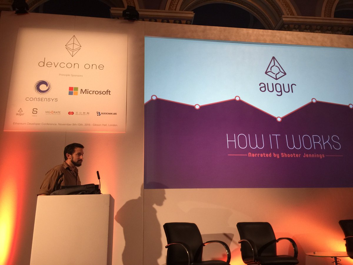 ethereum's tweet photo. Jack Peterson (@tensorjack) kicks off day 4 of Ethereum’s DEVCON1 with a talk on @AugurProject  #dapp #blockchain https://t.co/or0budOh3t
