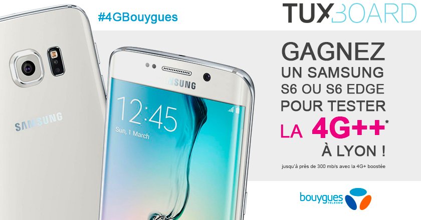 tuxboard's tweet photo. RT pour gagner un Samsung S6 / #S6Edge et tester la 4G+ boostée de @BouyguesTelecom à Lyon #4GBouygues #Concours https://t.co/KueGnSDKV8