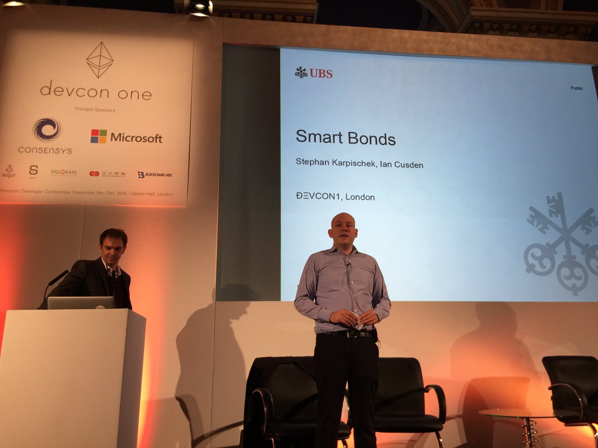 Dr Stephan Karpischek &amp; Ian Cusden of <a href="/UBS/">UBS</a> present and demo their Ethereum Smart Bond Platform  #finance #blockchain