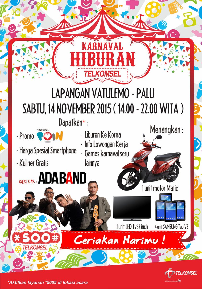 ADA_INDONESIA's tweet photo. Hallo @armADA_families Palu,  Sulawesi Tengah &amp; sekitarnya.. Sampai berjumpa di Lapangan Vatulemo 14 Nov 2015🙌🎉🎊🎤🎸🎶 https://t.co/hamstVRwc0