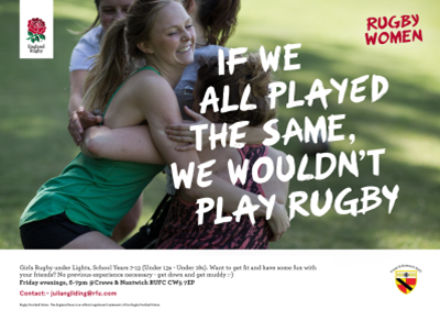 JuleseyG01's tweet photo. Can't wait for tomorrow evening Girls Rugby @candnrufc. 6-7pm Under Lights #muddyandfun  #RugbyWomen #spreadtheword https://t.co/Snvy4xWOXW
