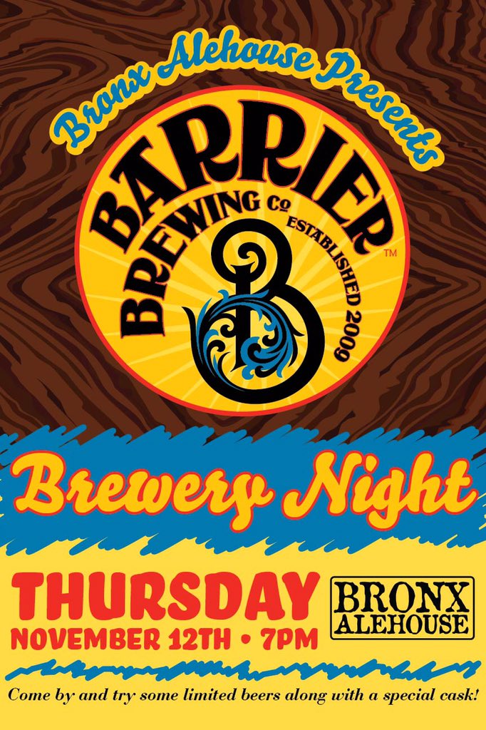 Tonight! <a href="/BarrierBrewing/">Barrier Brewing Co.</a> <a href="/BronxAlehouse/">Bronx Alehouse</a> <a href="/UnionBeerDist/">Union Beer Distributors</a> #taptakeover