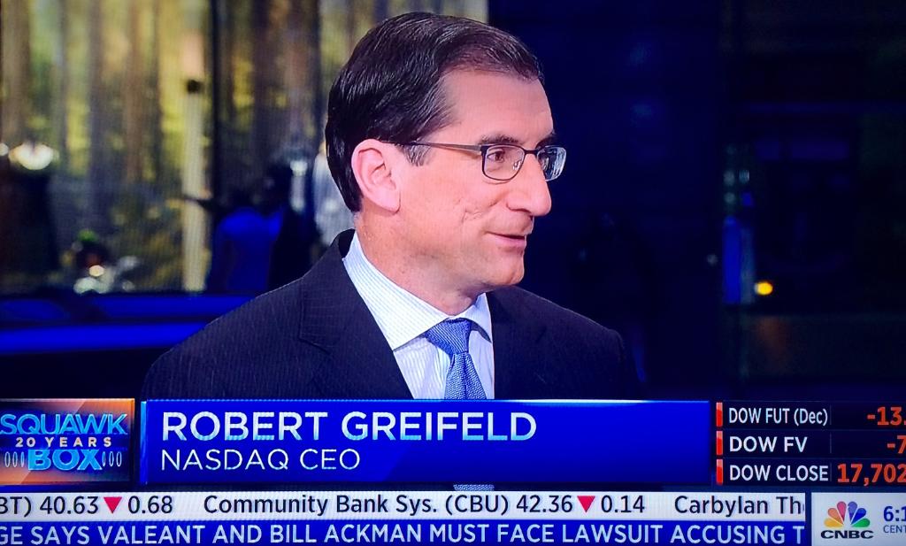 NasdaqExchange's tweet photo. #Nasdaq CEO, Bob Greifeld is live on #CNBCSquawkBox this morning as a guest host! Be sure to tune into @CNBC https://t.co/MxFKo0p32L