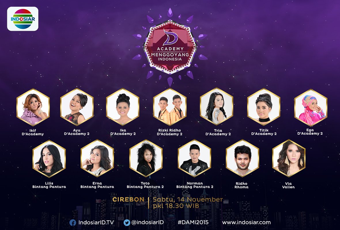 Nantikan penampilan <a href="/ikif_DAcademy88/">IKIF SEXY Academy</a> @DA2_Ayu <a href="/DA2_Ika/">Ika</a> <a href="/DA2_Tria/">Tria</a> <a href="/DA2_Titik/">Titik</a> di #DAMI2015 14 Nov pkl 18.30 WIB