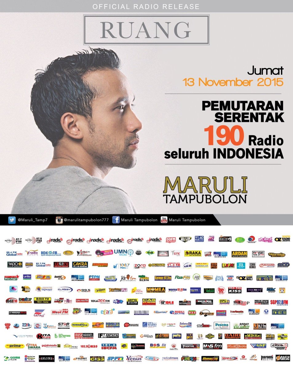 Dengarkan single terbaru #MARULITAMPUBOLON #RUANG besok di 190 radio di Indonesia. #PemutaranSerentak #friday13th