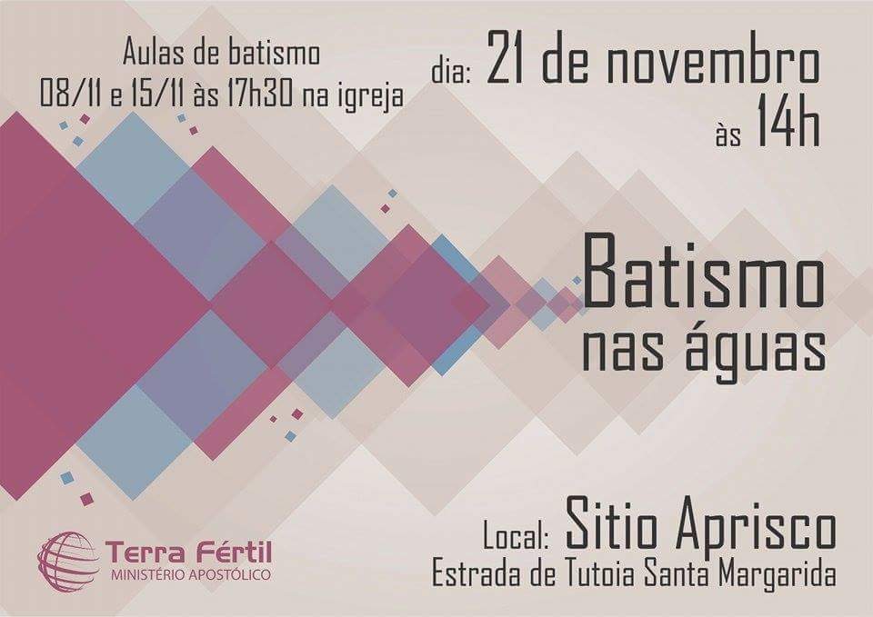 minterrafertil's tweet photo. Uma despedida definitiva do velho homem. Prontos para viver a nova Vida?! Dia 21/11 #BatismoNasÁguas. https://t.co/2anNzXZY6h