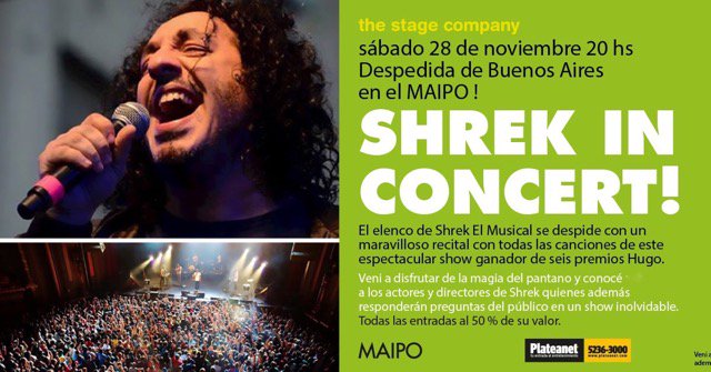SHREK IN CONCERT El 28/11 
Un evento UNICO para despedirnos
Entradas en PLATEANET con descuento incluido del 50 %
