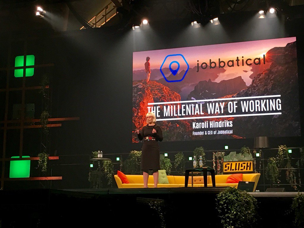 SlushHQ's tweet photo. On Green Stage @karolihindriks of @Jobbatical asks "why not work for something you care about?" #slush15 https://t.co/PO4T2m5TKV