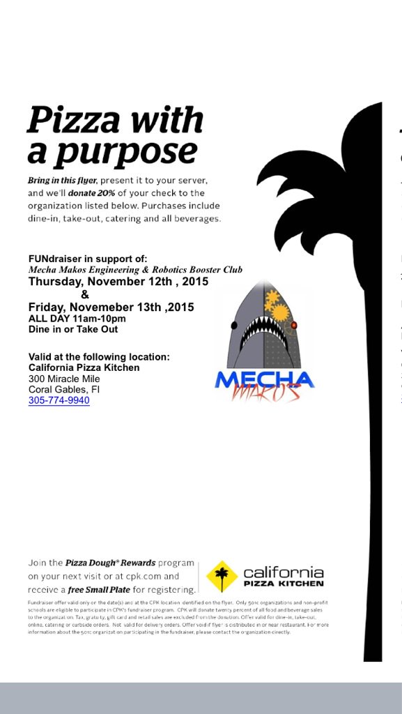 MechaMakos's tweet photo. Today 11 Am - Friday Midnight Come &amp; Support @MAST_Academy Robotics Teams @calpizzakitchen #FUNdraiser #MiracleMile https://t.co/eKS4zjb4r1