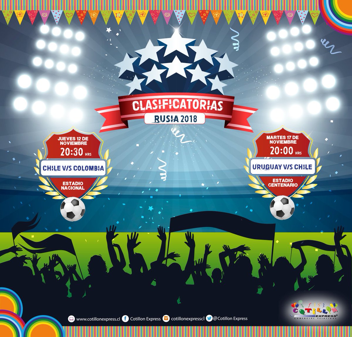CotillonExpress's tweet photo. Prepárate con el mejor Cotillón para apoyar a la Roja de Todos #chilevscolombia #Rusia2018 #SeleccionChilena #futbol https://t.co/cLrWQ66kSF