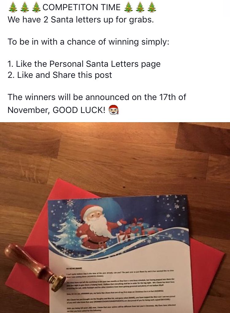 PersonalSanta1's tweet photo. Head over to our Facebook page to be in with a chance of winning🎅🏼

https://t.co/83QKLkB8gq

#Christmas #santaletter https://t.co/lPmZcK2Xab