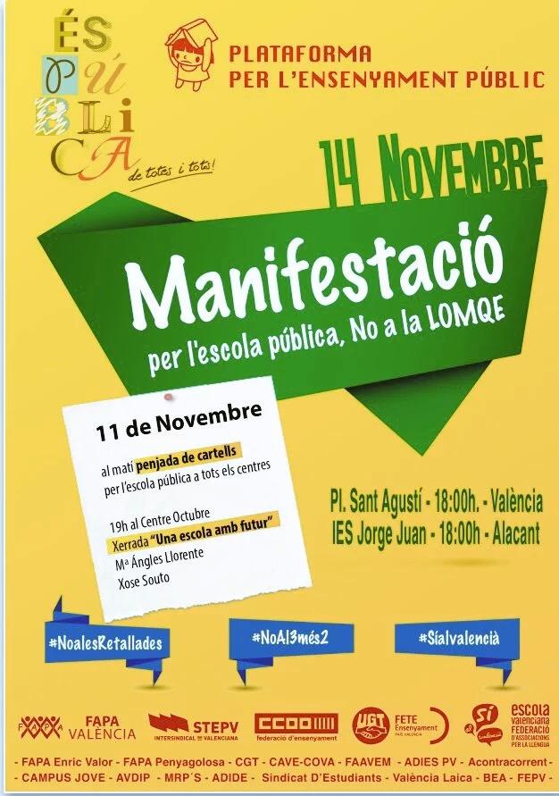 JoseVK62's tweet photo. Valencia se moviliza contra #LOMCE
#14NJoHiVaig
#14N
@kayaya19 @miguelsolerg @vesteve3 @educacio_ccoopv  @FETEUGTPV https://t.co/3aN0TPlVGf