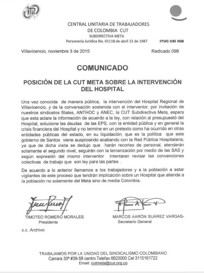 EudoroAlvarez's tweet photo. La posición de la #CutMeta sobre intervención del hospital departamental Villavicencio. https://t.co/TtuZuDRSXR