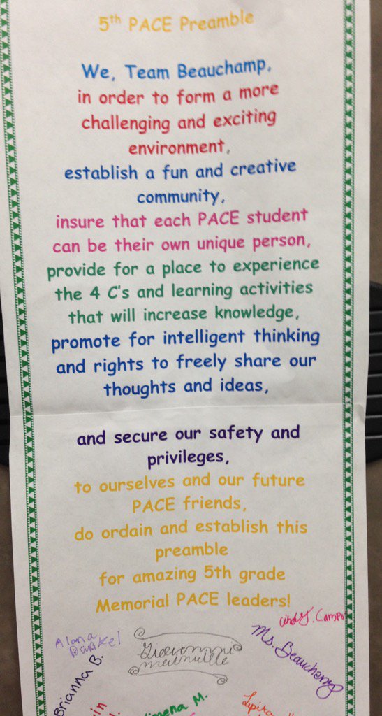 MemorialPace's tweet photo. 5th grade is studying Law. They made a class preamble! So cool!@MemorialPISD #bobcatscan #5PACE https://t.co/cmH3ZSBbiR