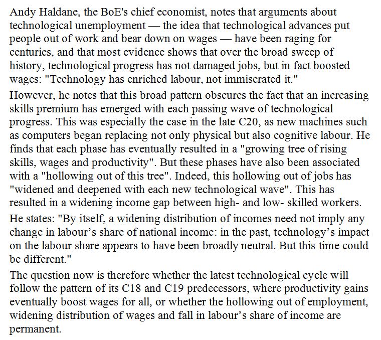 Protalina's tweet image. Automation threat to almost ½ UK employees, says chief economist @BankofEngland bit.ly/1NO208x #TechAnxiety