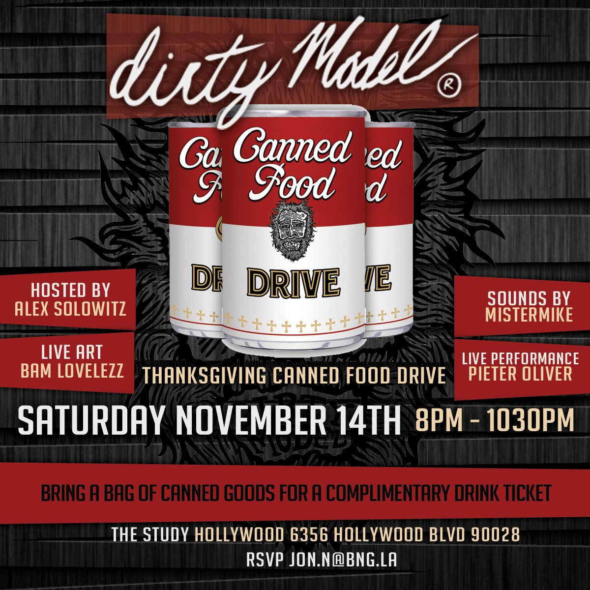 thestudyhwood's tweet photo. Join us for a special #SaturdayNight - The #DirtyModel Food Drive... Music by @MistermikeMusic
RSVP: jon.n@bng.la https://t.co/xziHsUiPba