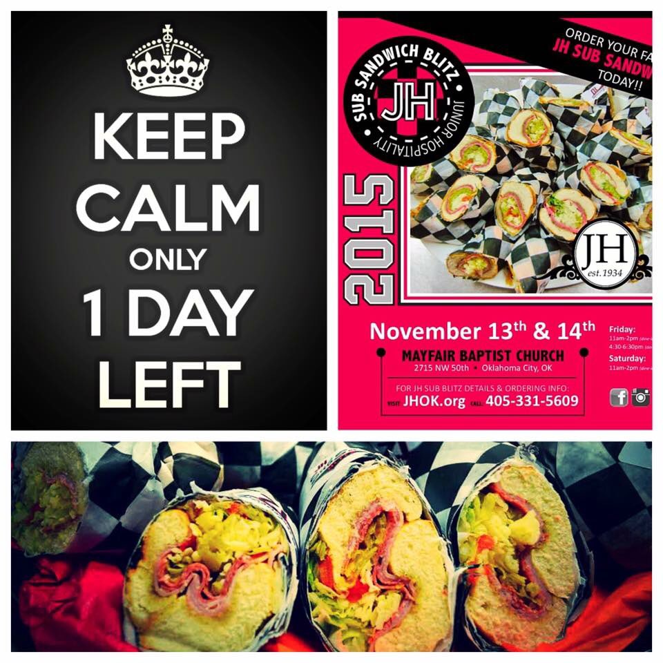 JuniorHosp's tweet photo. #1daytilsubs #subsandwichblitz #WomenOfJH ONE MORE DAY!! Come see us- 2715 NW 50th at Mayfair Baptist in OKC! https://t.co/8ZlzKUIsI6