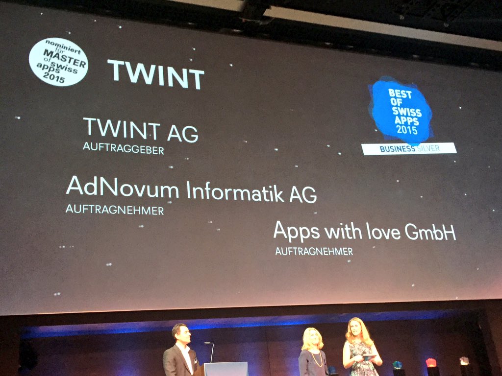 appswithlove's tweet photo. Quite cool! Ganze 8 Awards am #bosa 2015 Tuusig Merci @TWINT_AG @Meat_Academy #Podclub #Wetteralarm https://t.co/bJxym8xj5K