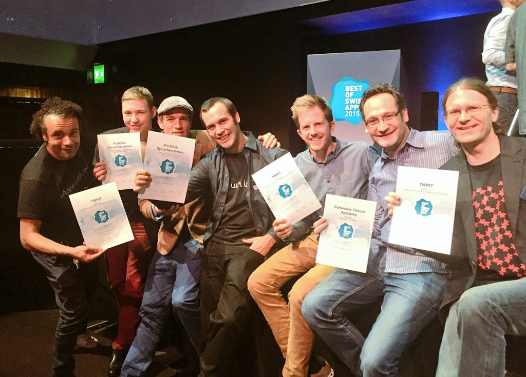 appswithlove's tweet photo. Quite cool! Ganze 8 Awards am #bosa 2015 Tuusig Merci @TWINT_AG @Meat_Academy #Podclub #Wetteralarm https://t.co/bJxym8xj5K