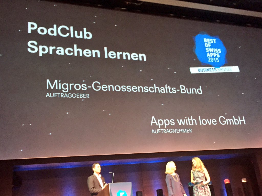 appswithlove's tweet photo. Quite cool! Ganze 8 Awards am #bosa 2015 Tuusig Merci @TWINT_AG @Meat_Academy #Podclub #Wetteralarm https://t.co/bJxym8xj5K
