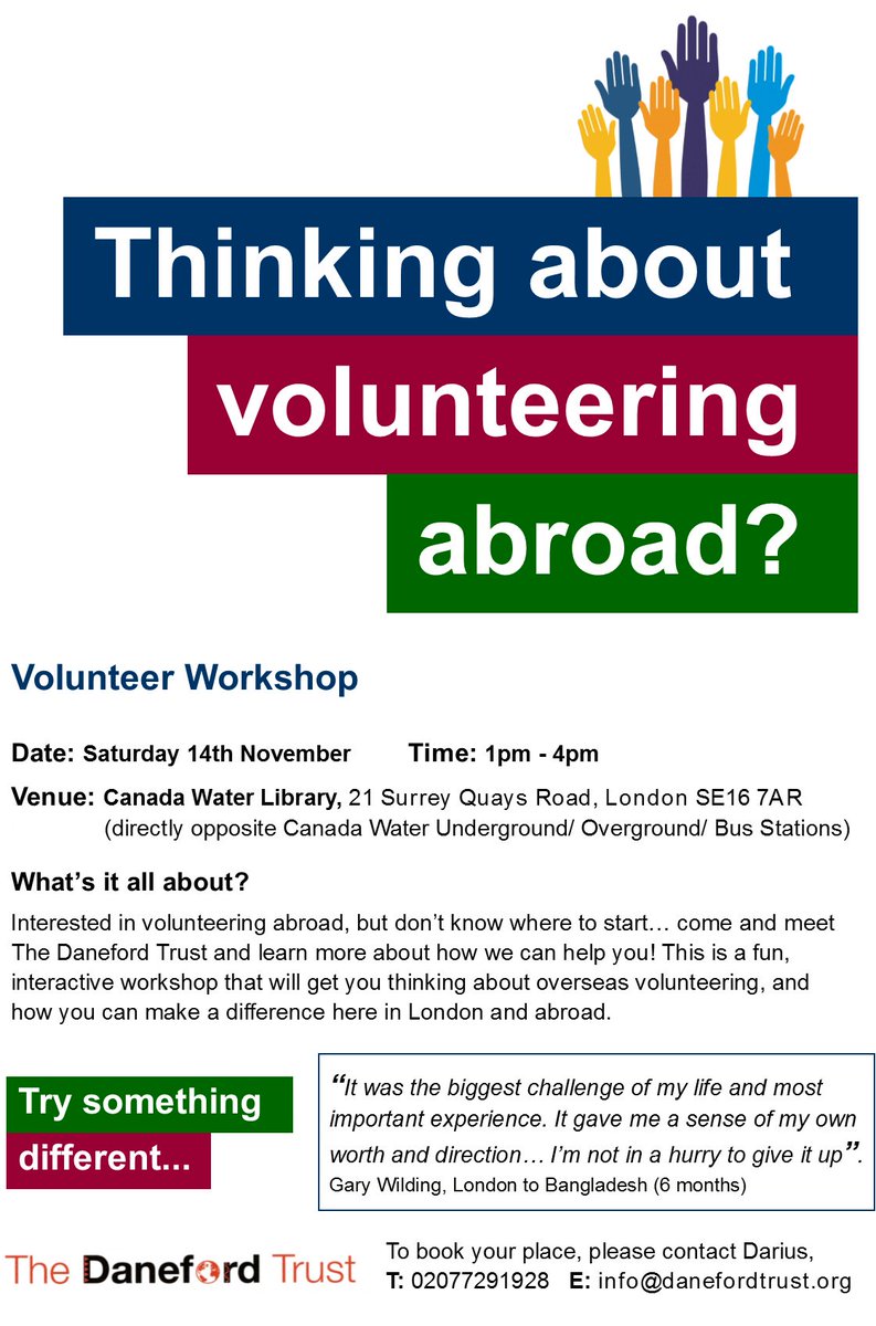 danefordtrust's tweet photo. There's still time to come and join us this Saturday at Canada Water Library for our overseas volunteering workshop! https://t.co/ylwYFVPK4U