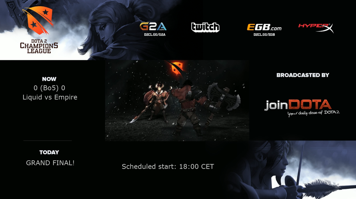 Get ready for Grand Finals in <a href="/d2cleague/">MegaFon Champions League</a> between <a href="/team_empire/">Team Empire</a> &amp; <a href="/LiquidDota/">LiquidDota.com</a> !
Tune in at joindota.com/en/live/joindo…