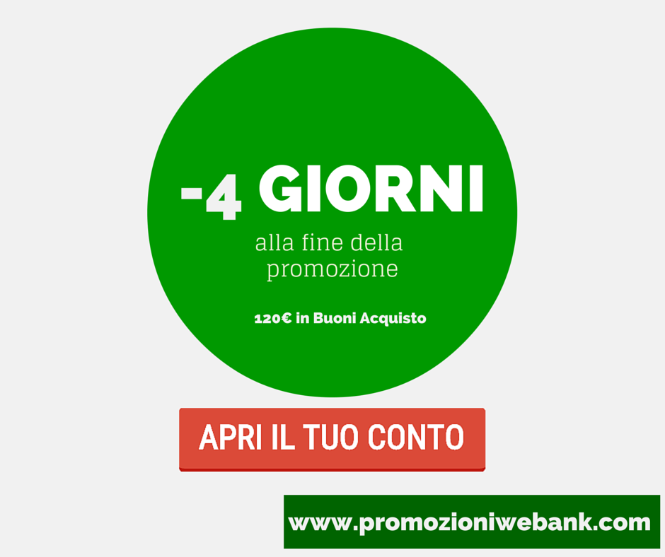 WebankPromo's tweet photo. #AFFRETTATEVI! Mancano 4 giorni alla fine della promozione #Webank per aver 120€ in regalo!
https://t.co/SB41cuRAcS https://t.co/iPyAWsioxE