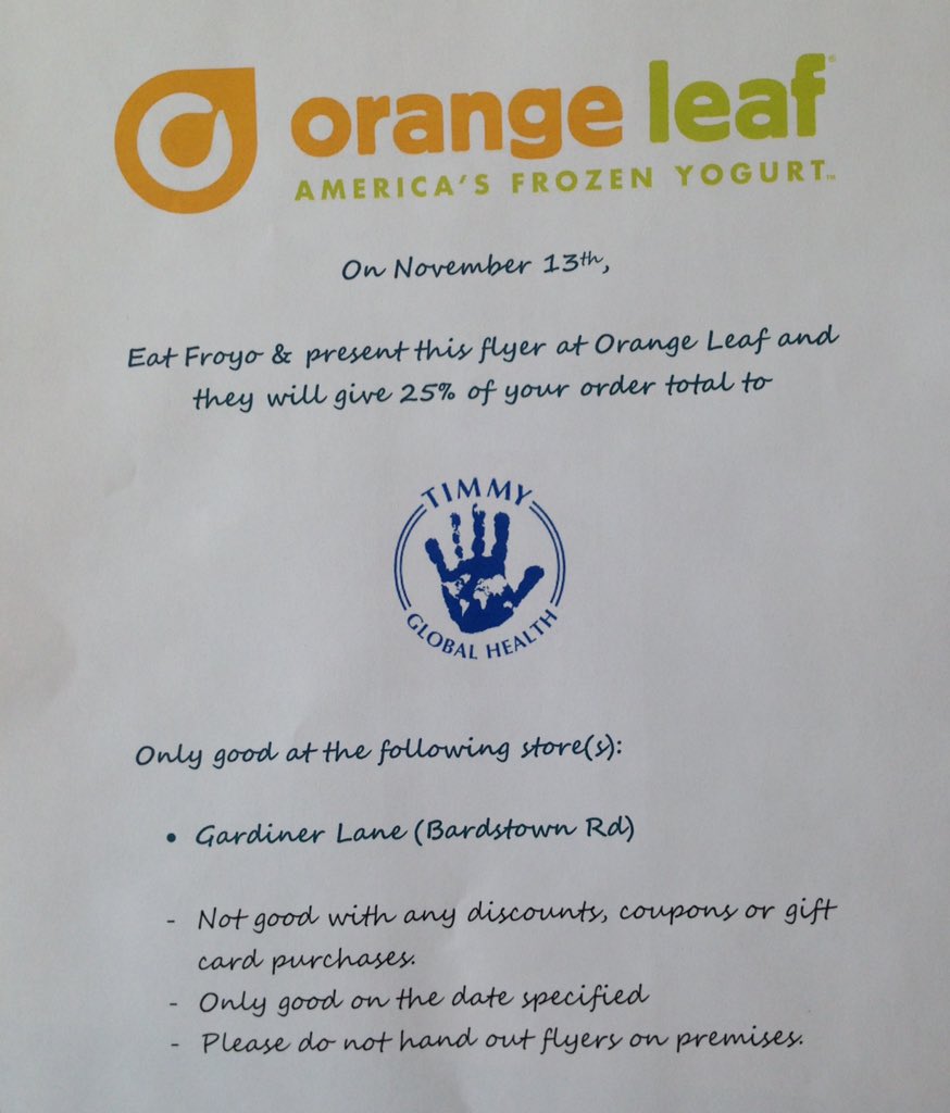 BellarmineTimmy's tweet photo. TIMMY FOLKS! Our fundraiser is all day tomorrow at the Gardiner Ln orange leaf! Present this flyer for 25% of... https://t.co/0BNb0Ascs4