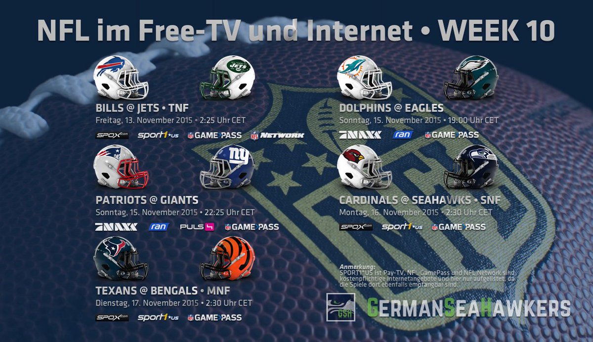 SeaHawkersGER's tweet photo. Die #NFL im deutschen Free-TV und Internet - Week 10 #GermanSeaHawkers #GSH #NFLger #ranNFL #maxxNFL #SPOX #Sport1US https://t.co/IOlc5FBeoU
