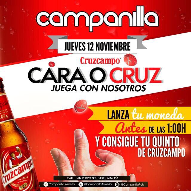 Campanillapub's tweet photo. 💥🍺JUEVES CAMPANILLERO🍺💥

Cara o cruz y gana tu 1/5 antes de las 1h.!! 

Pide ron Legendario y gana un viaje a Cuba!! https://t.co/iIAtG2CcDz