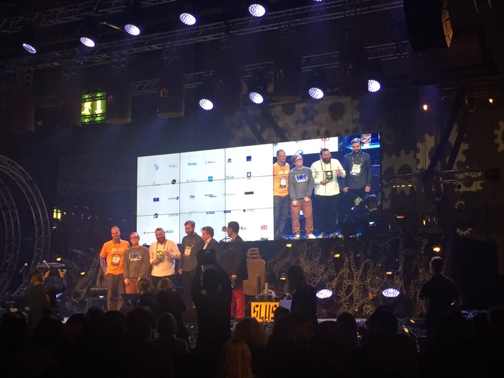 AkiRuohonen's tweet photo. #paccy on stage receiving the Ultrahack trophy of the Posti track. Well done team Paccy! #Paccy #slush15 @Affecto https://t.co/Y0ILYMGN0U