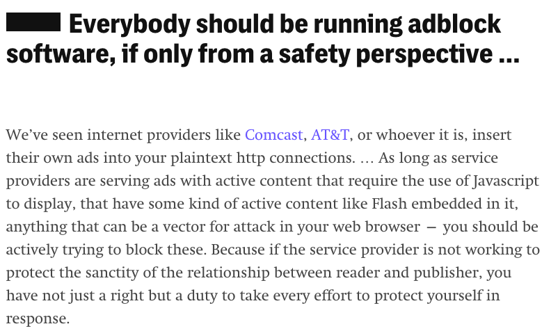 theintercept's tweet photo. .@snowden: Everybody should be running adblock software, if only from a safety perspective. https://t.co/P8wrtBEMN2 https://t.co/aIcNnxXkzQ