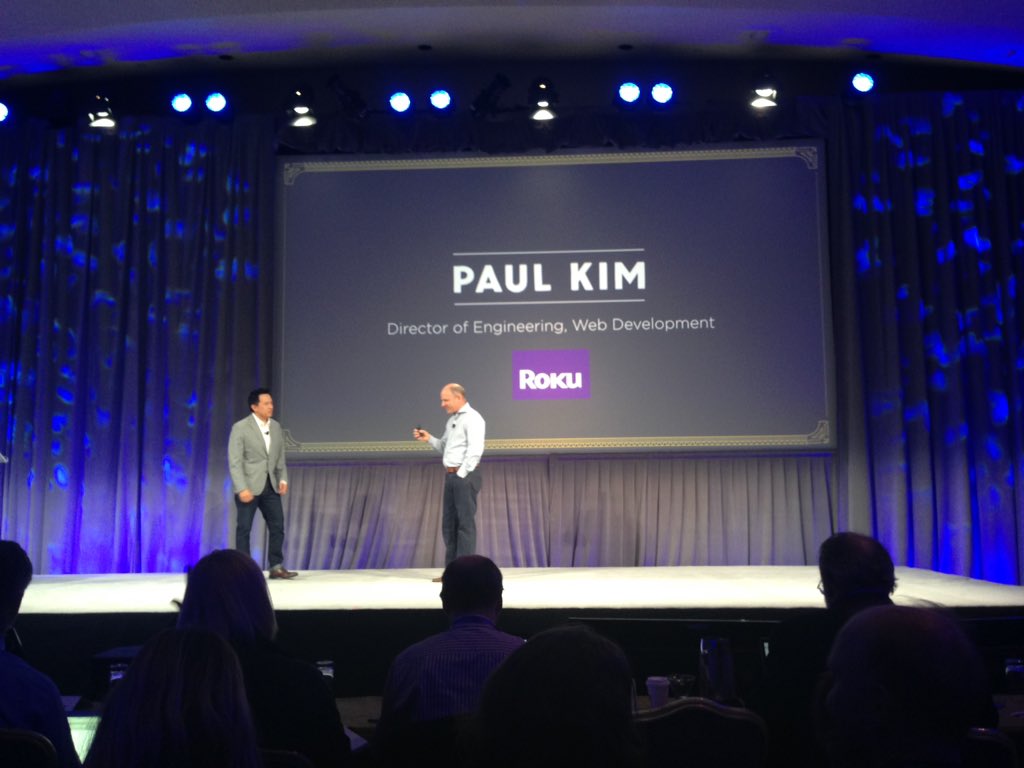 On stage, Paul Kim of <a href="/RokuPlayer/">Roku</a>. Measuring with precision in real time #FutureStack15