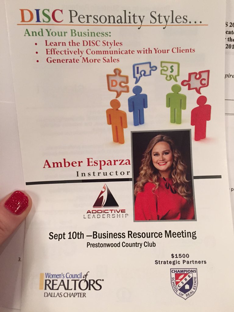 DallasCSRE's tweet image. Learning the DISC Assessment at the WCR Dallas Biz Resource Mtg today! @ChampionsSchool is a proud sponsor of WCR!