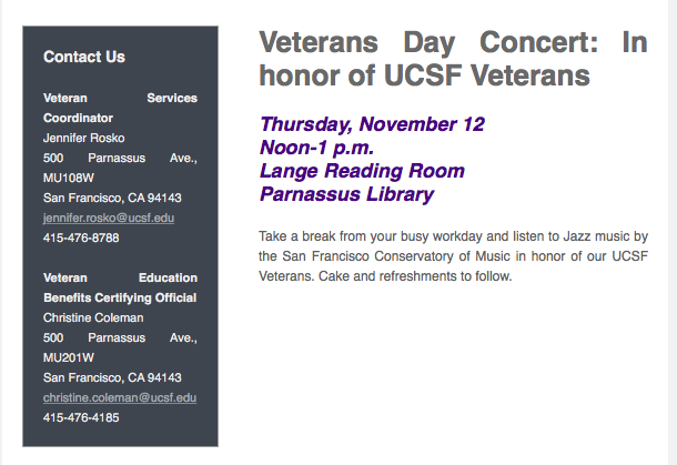 svucsf's tweet photo. Veteran support services to host free concert in honor of @UCSF student #veterans today at noon https://t.co/oCnRJN9azo