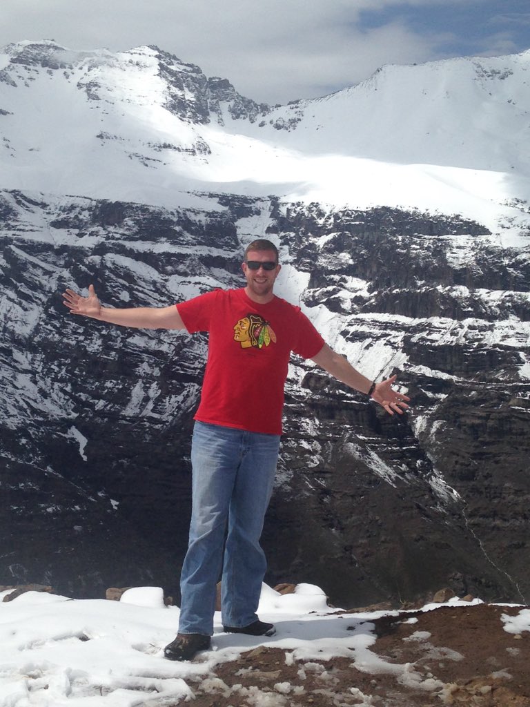 justLurchin's tweet photo. Representing the @NHLBlackhawks today while visiting the #Andes in #Chile https://t.co/p5QsKH22Wd