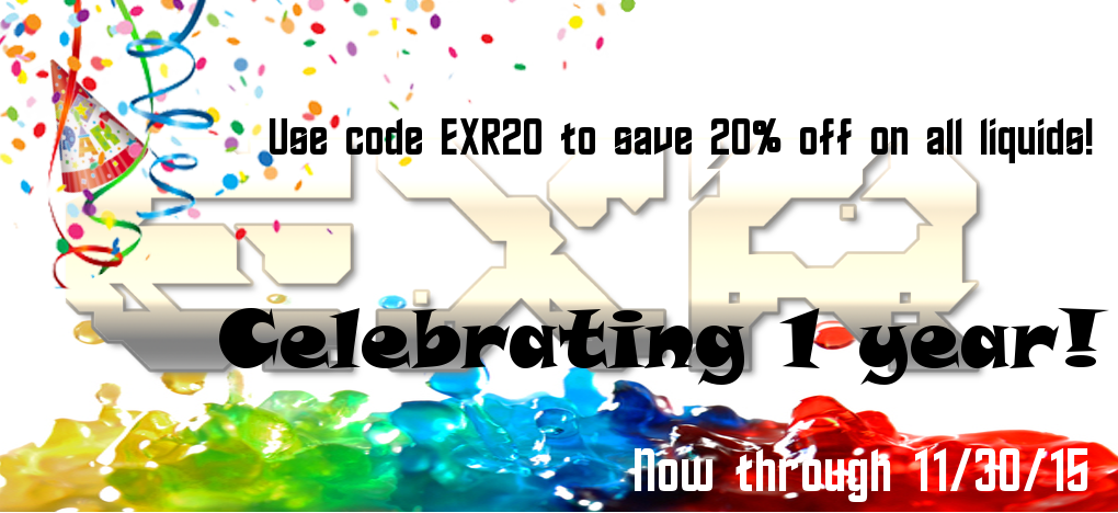 EXRvape's tweet photo. Celebrate 1 year with us at https://t.co/XYYP6oy9Np with 20% off e-liquids! Code EXR20 #vape #vapeon #ecigs #eliq https://t.co/8DiyoSAwgD