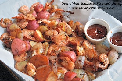 Peel n' Eat Balsamic Shrimp with Balsa savoryexperiments.com/?p=866 #balsamicvinegar #ketchup #onion #potatoes #shrimp