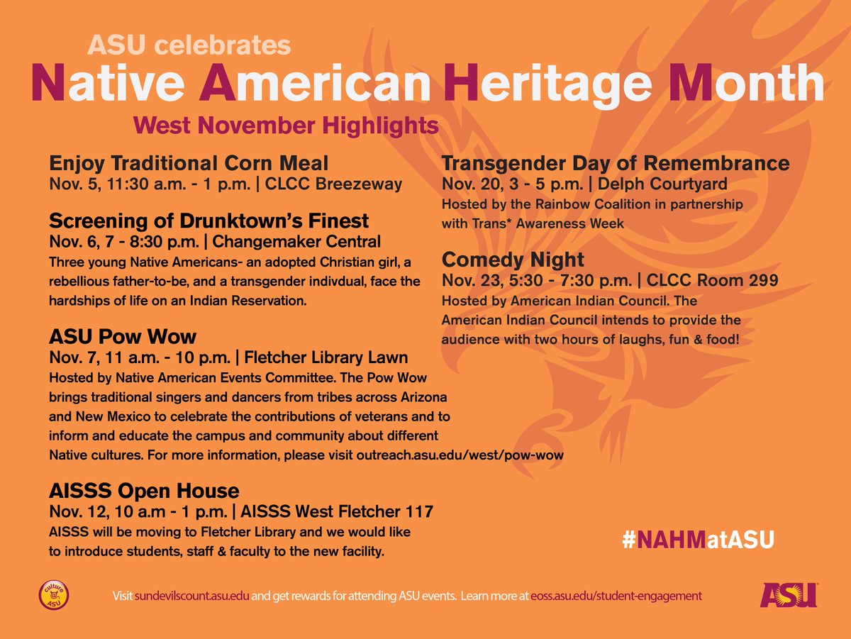 CultureASU's tweet photo. Celebrate Native American Heritage Month at @ASU on any campus! Make sure you use hashtag #NAHMatASU for your tweets https://t.co/INd6rmnRS0