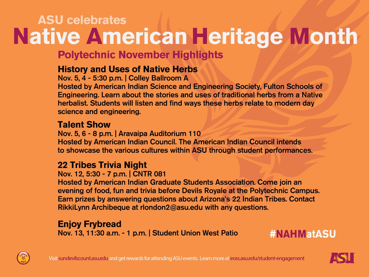 CultureASU's tweet photo. Celebrate Native American Heritage Month at @ASU on any campus! Make sure you use hashtag #NAHMatASU for your tweets https://t.co/INd6rmnRS0